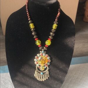 Vintage Yellow and Red Beaded Pendant Necklace